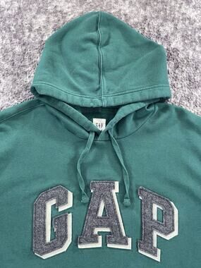 Gap Mens Fleece Hoodie Forest Green Embroidered Logo Pullover XL Y2K Spell Out